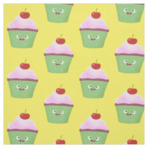 Cute happy cupcake cartoon illustration fabric