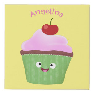 Cute happy cupcake cartoon illustration faux canvas print