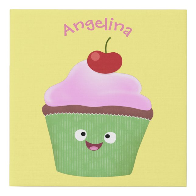 Cute happy cupcake cartoon illustration faux canvas print (Front)