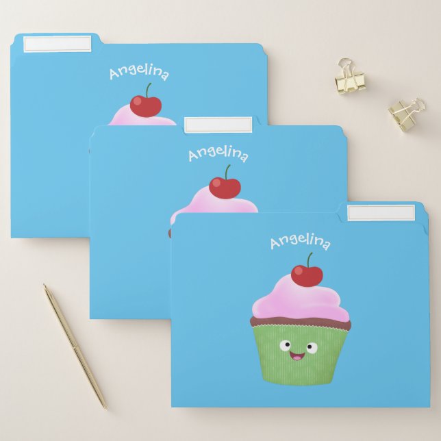 Cute happy cupcake cartoon illustration file folder (Set)