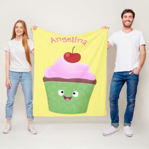 Cute happy cupcake cartoon illustration fleece blanket