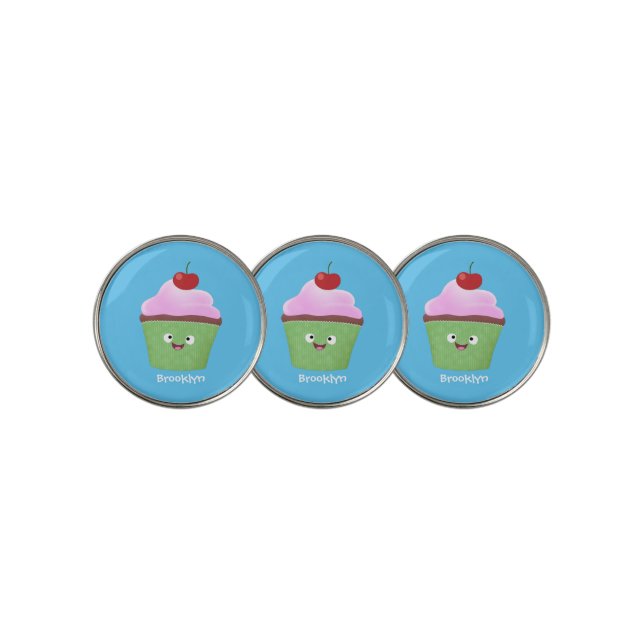 Cute happy cupcake cartoon illustration golf ball marker (3 Up)