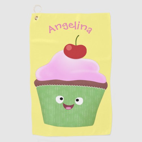 Cute happy cupcake cartoon illustration golf towel