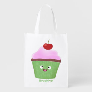Cute happy cupcake cartoon illustration grocery bag