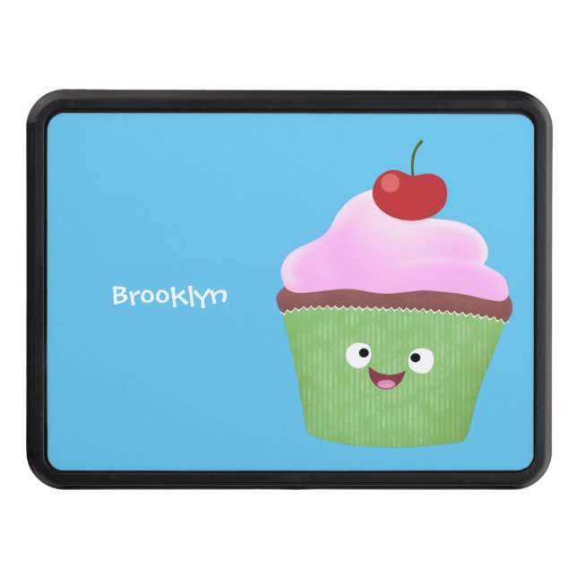 Cute happy cupcake cartoon illustration hitch cover (Front)