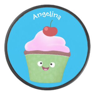 Cute happy cupcake cartoon illustration hockey puck