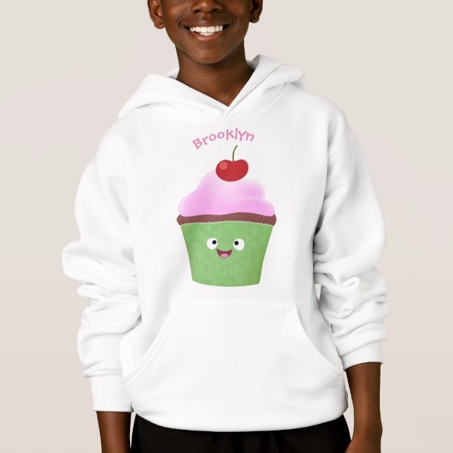 Cute happy cupcake cartoon illustration hoodie (Front)
