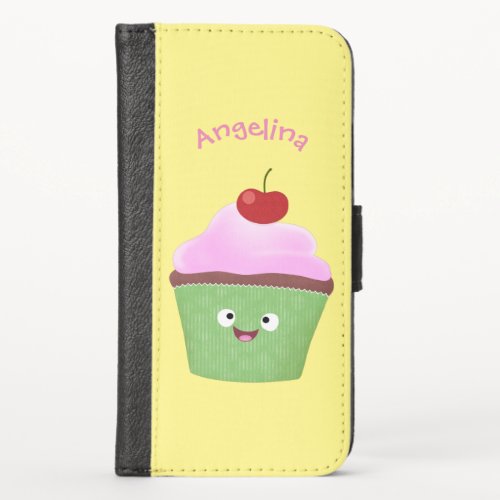 Cute happy cupcake cartoon illustration iPhone x wallet case