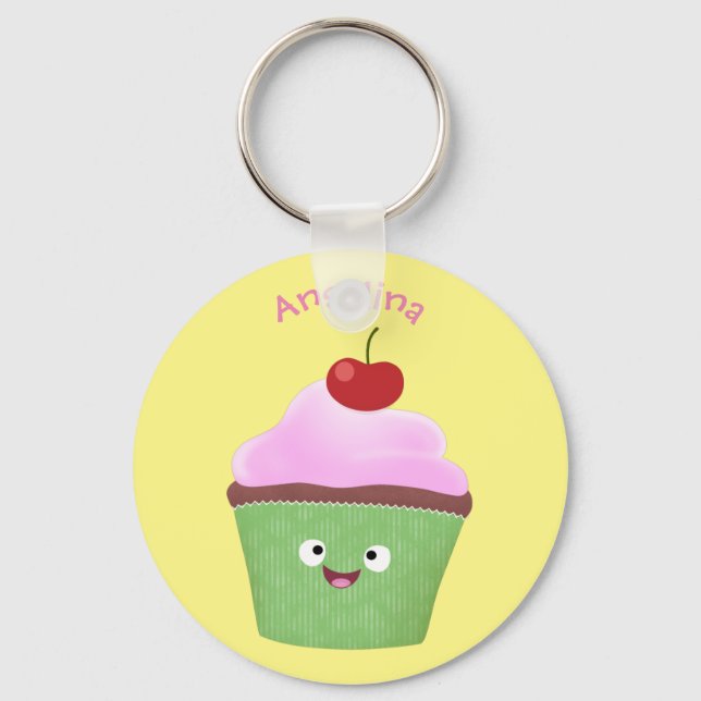 Cute happy cupcake cartoon illustration keychain (Front)