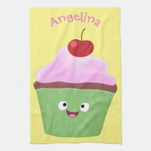 Cute happy cupcake cartoon illustration kitchen towel
