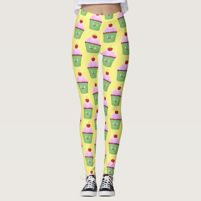 Cute happy cupcake cartoon illustration leggings (Front)