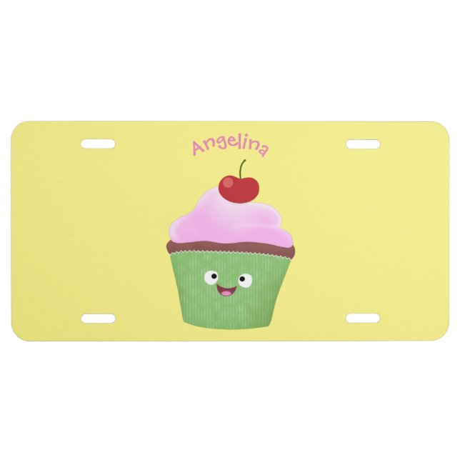 Cute happy cupcake cartoon illustration  license plate (Front)