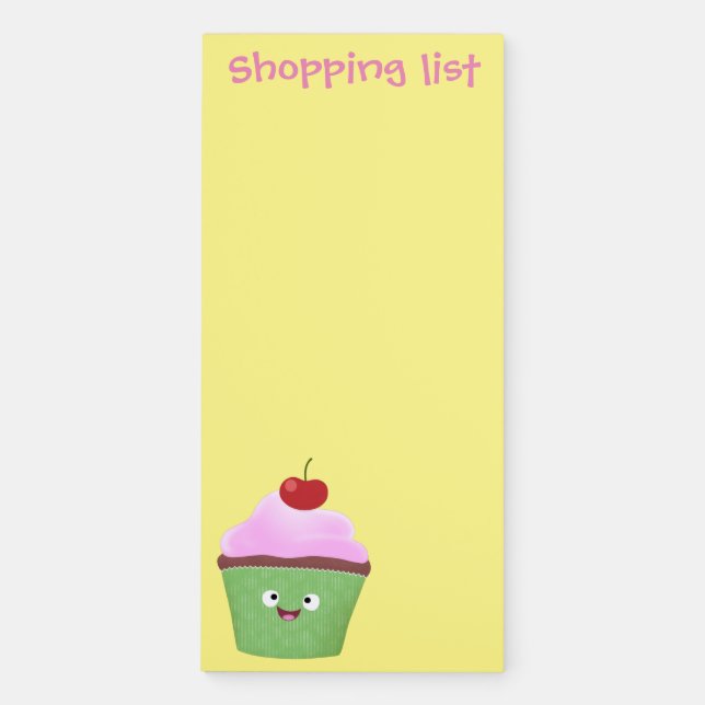 Cute happy cupcake cartoon illustration magnetic notepad (Front)