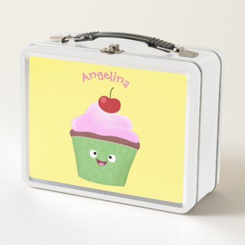 Cute happy cupcake cartoon illustration metal lunch box