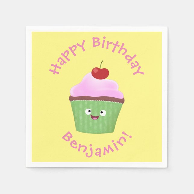 Cute happy cupcake cartoon illustration napkins (Front)