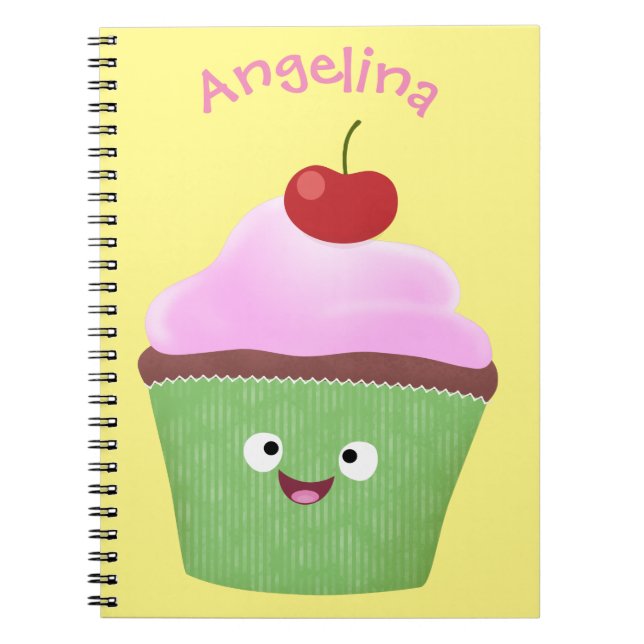 Cute happy cupcake cartoon illustration notebook (Front)
