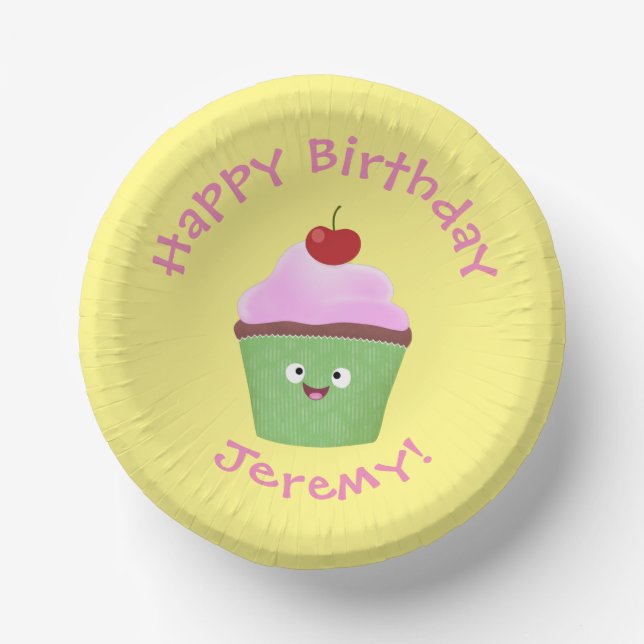 Cute happy cupcake cartoon illustration paper bowls (Front)