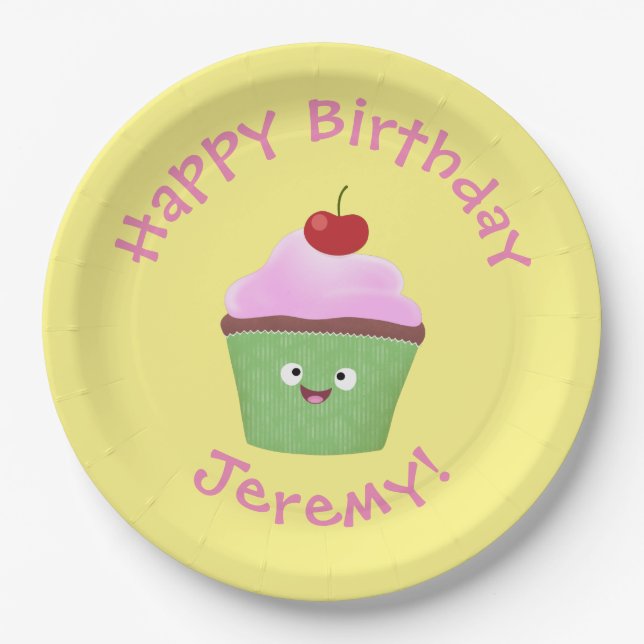 Cute happy cupcake cartoon illustration paper plates (Front)