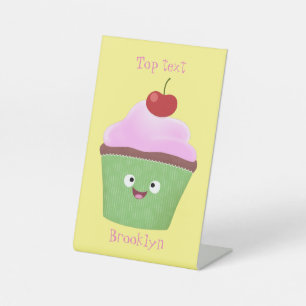 Cute happy cupcake cartoon illustration pedestal sign