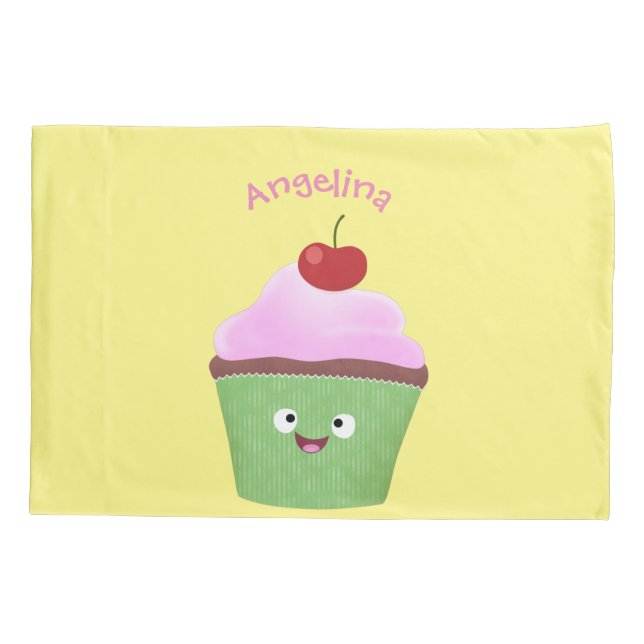 Cute happy cupcake cartoon illustration pillow case (Back)