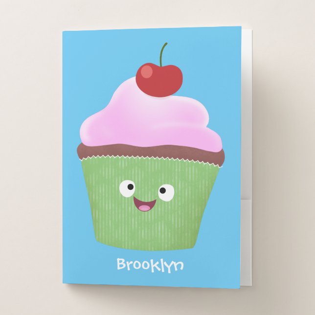 Cute happy cupcake cartoon illustration pocket folder (Front)