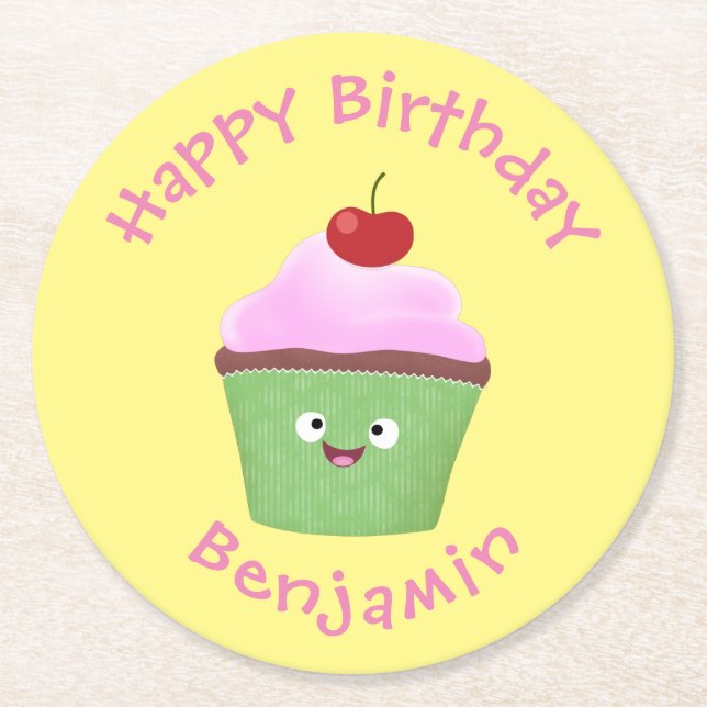 Cute happy cupcake cartoon illustration round paper coaster (Front)