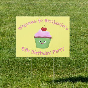Cute happy cupcake cartoon illustration sign