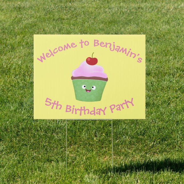 Cute happy cupcake cartoon illustration sign (Insitu)