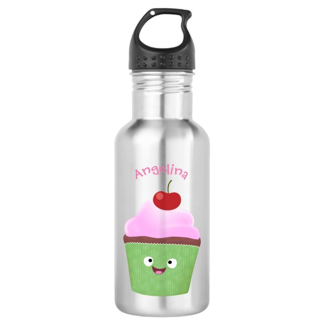 Cute happy cupcake cartoon illustration stainless steel water bottle (Front)