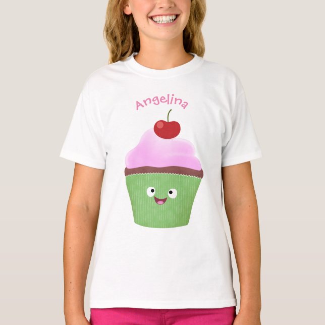 Cute happy cupcake cartoon illustration T-Shirt (Front)