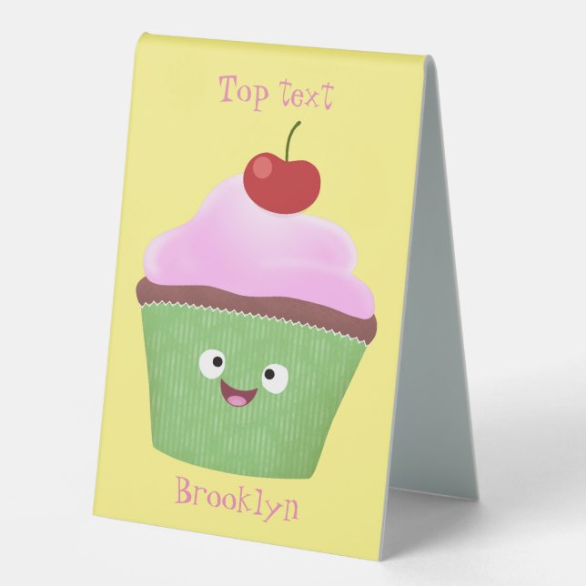 Cute happy cupcake cartoon illustration table tent (Front)