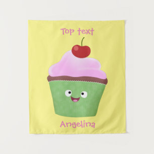 Cute happy cupcake cartoon illustration tapestry