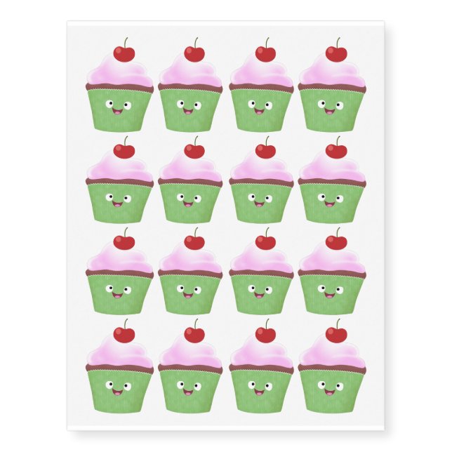 Cute happy cupcake cartoon illustration temporary tattoos (Front)