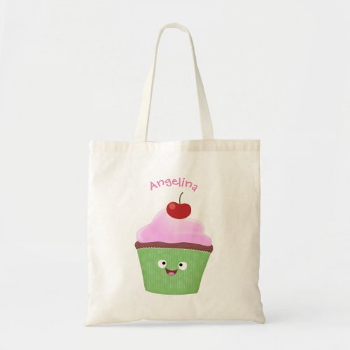 Cute happy cupcake cartoon illustration tote bag