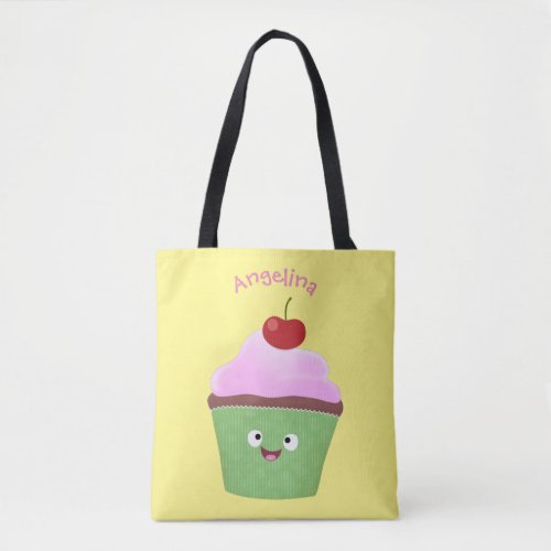 Cute happy cupcake cartoon illustration tote bag