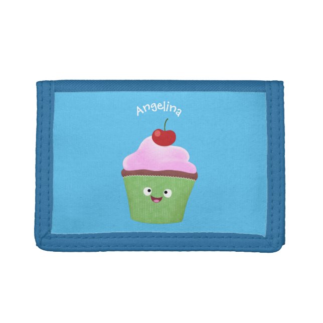 Cute happy cupcake cartoon illustration trifold wallet (Front)