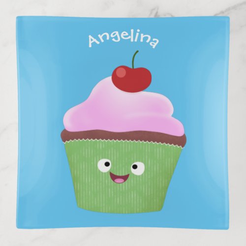 Cute happy cupcake cartoon illustration trinket tray