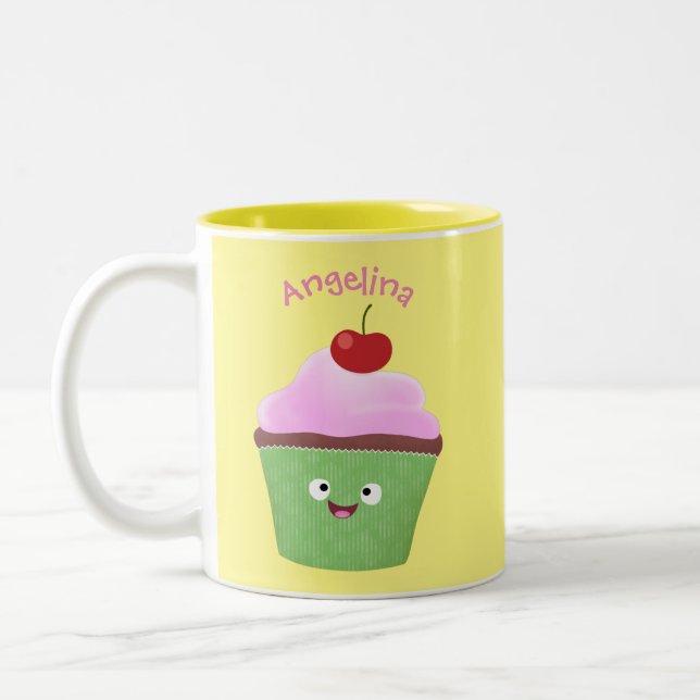 Cute happy cupcake cartoon illustration Two-Tone coffee mug (Left)