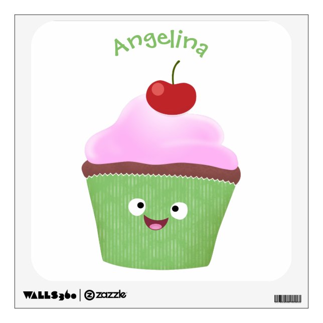 Cute happy cupcake cartoon illustration  wall decal (Front)