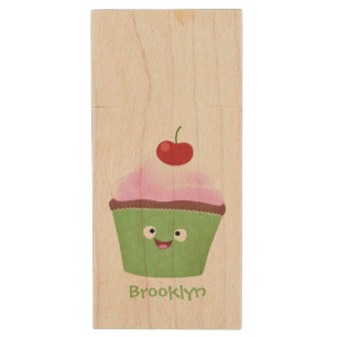 Cute happy cupcake cartoon illustration wood flash drive