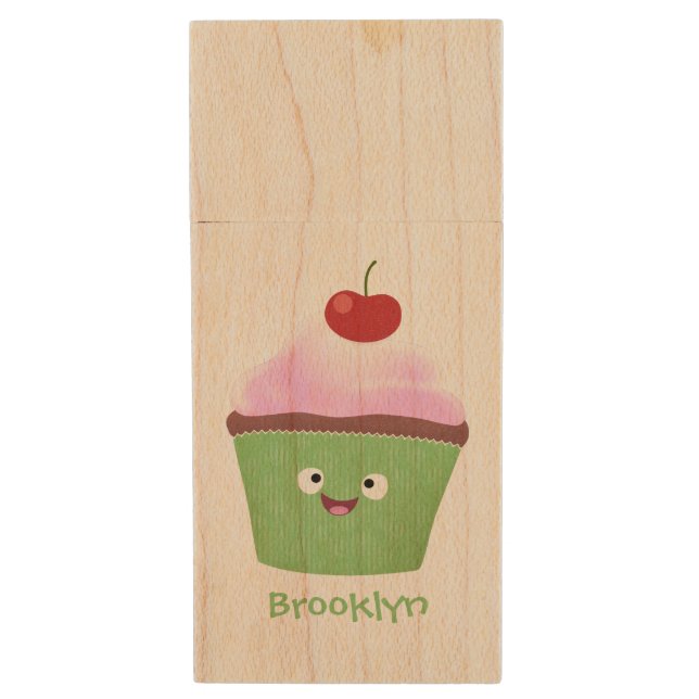 Cute happy cupcake cartoon illustration wood flash drive (Front Vertical)