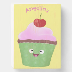 Cute happy cupcake cartoon illustration wooden box sign