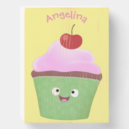 Cute happy cupcake cartoon illustration wooden box sign