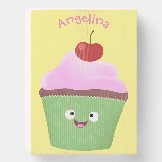 Cute happy cupcake cartoon illustration wooden box sign (Front Vertical)