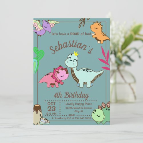 Cute Happy Dinosaur Birthday Party Invitation