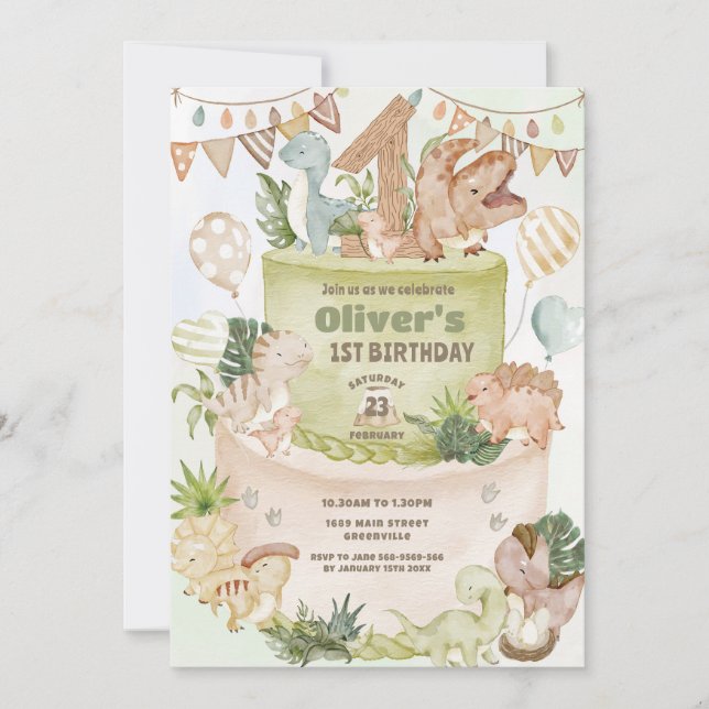 Cute Happy Dinosaurs 1st First Birthday Cake Invitation (Front)