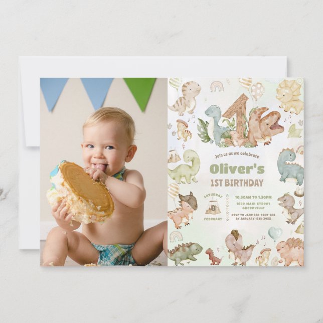 Cute Happy Dinosaurs 1st First Birthday Photo Invitation (Front)