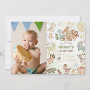 Cute Happy Dinosaurs 1st First Birthday Photo Invitation