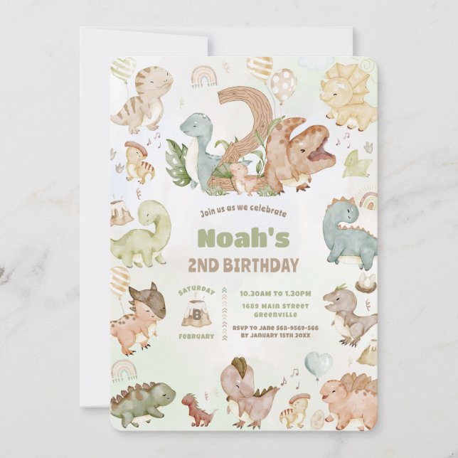 Cute Happy Dinosaurs 2nd Second Birthday Invitation (Front)