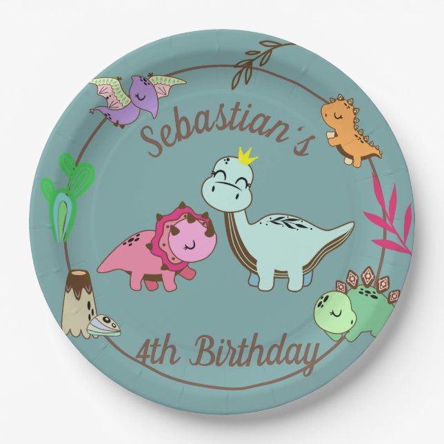Cute Happy Dinosaurs Birthday Party Paper Plates (Front)